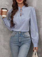 Women's Striped Poplin Tie Neck Blouse