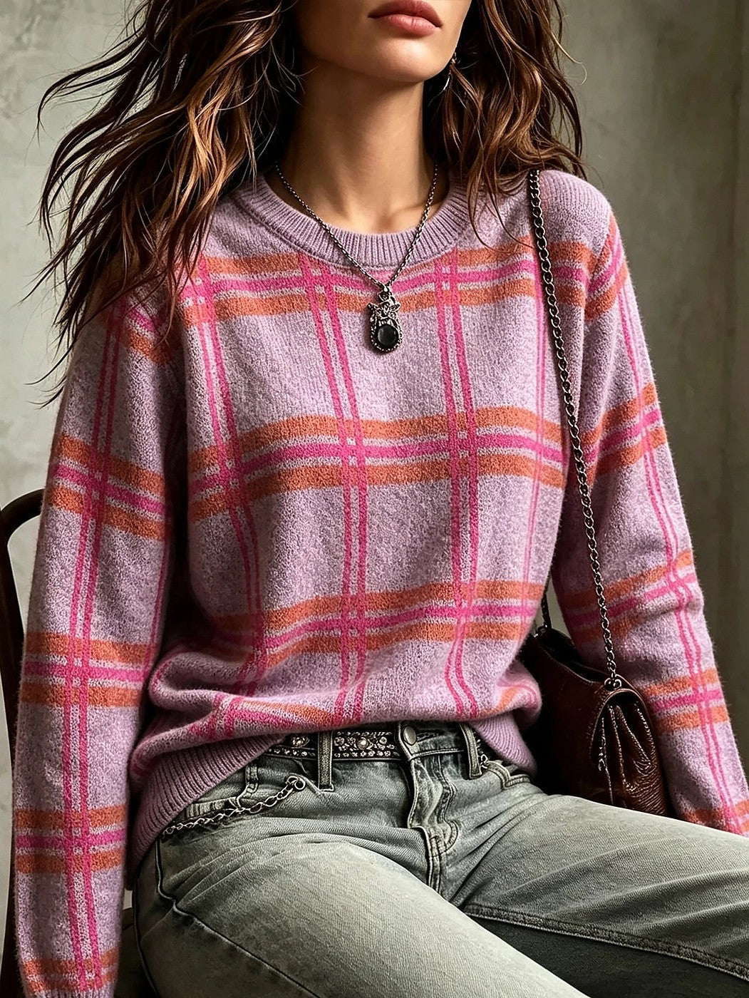 Women's Loose Fit Brushed Check Knit Jumper
