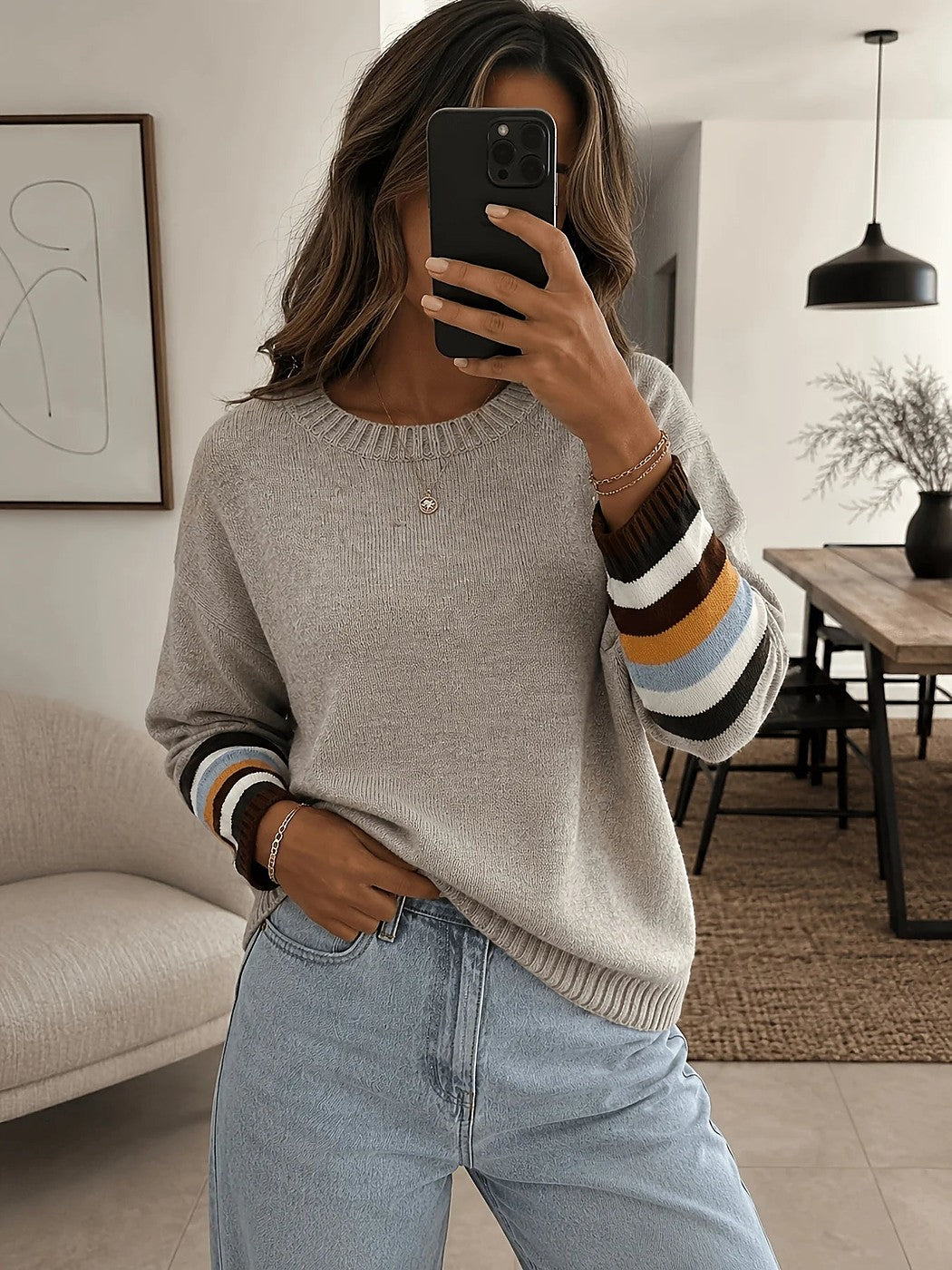 Women's Contrast Stripe Cuff Round Neck Jumper