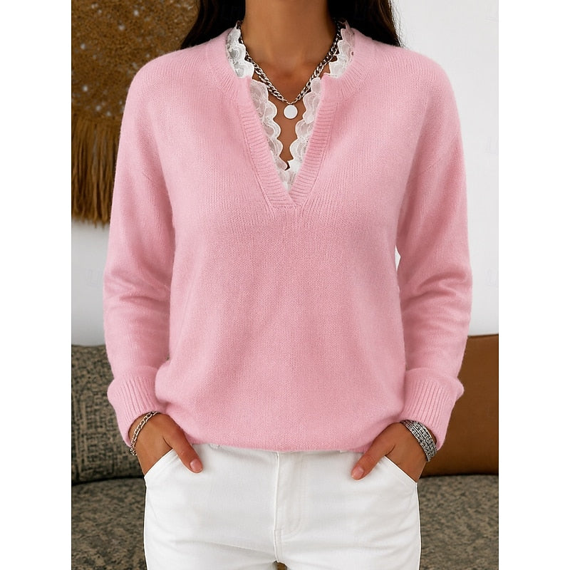 Women's Lace Trim Ribbed V Neck Jumper