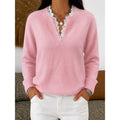 Women's Lace Trim Ribbed V Neck Jumper