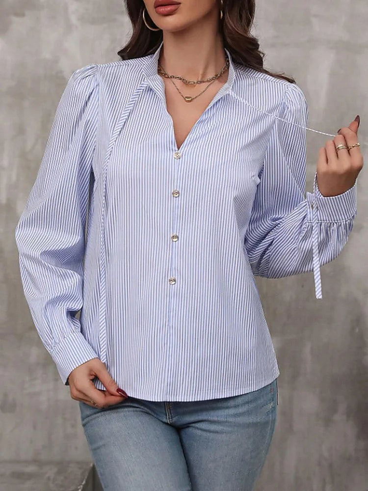 Women's Striped Poplin Tie Neck Blouse