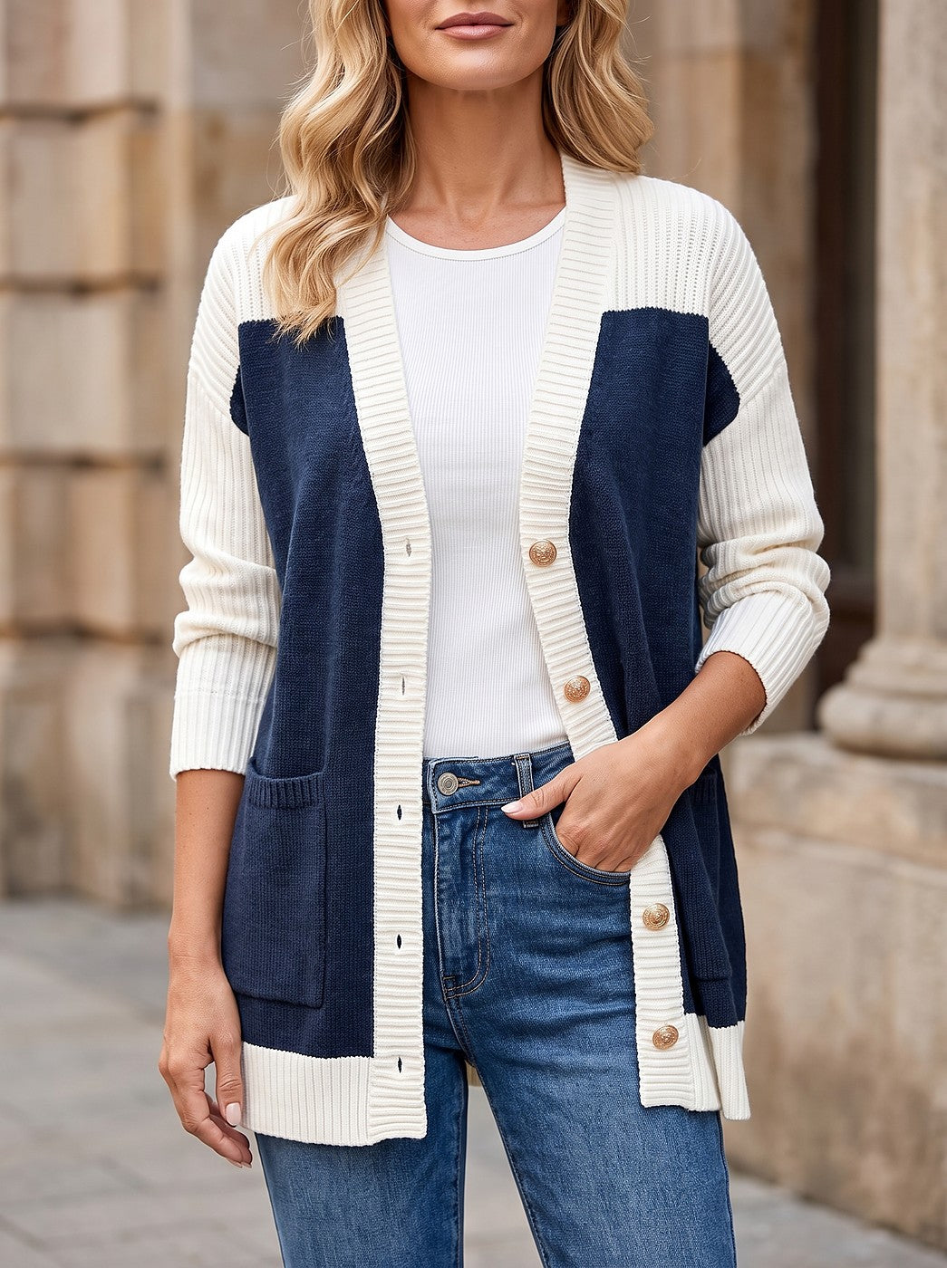 Women's Longline Colour Block Button Cardigan