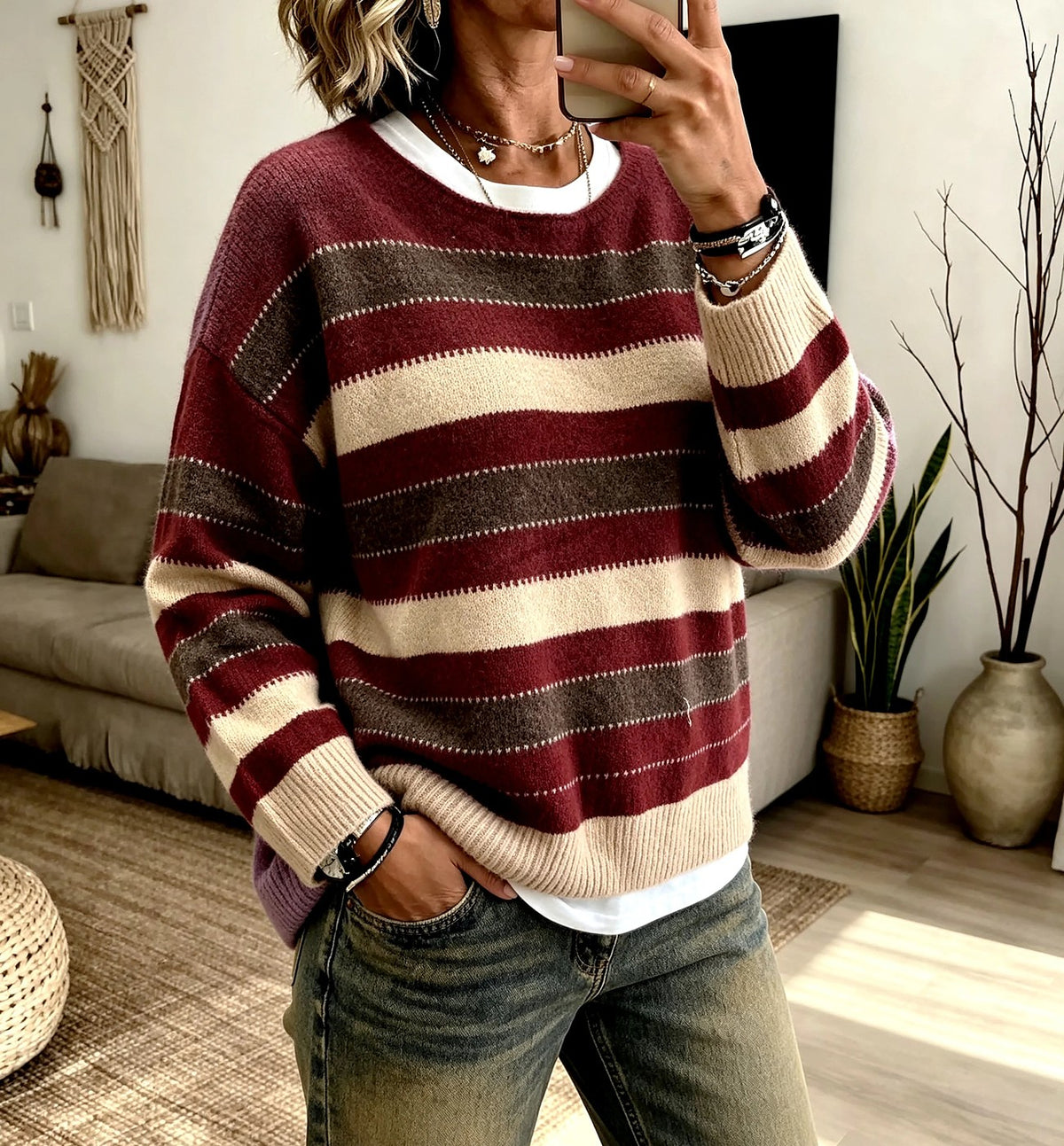 Women's Speckled Stripe Crew Neck Knitted Jumper