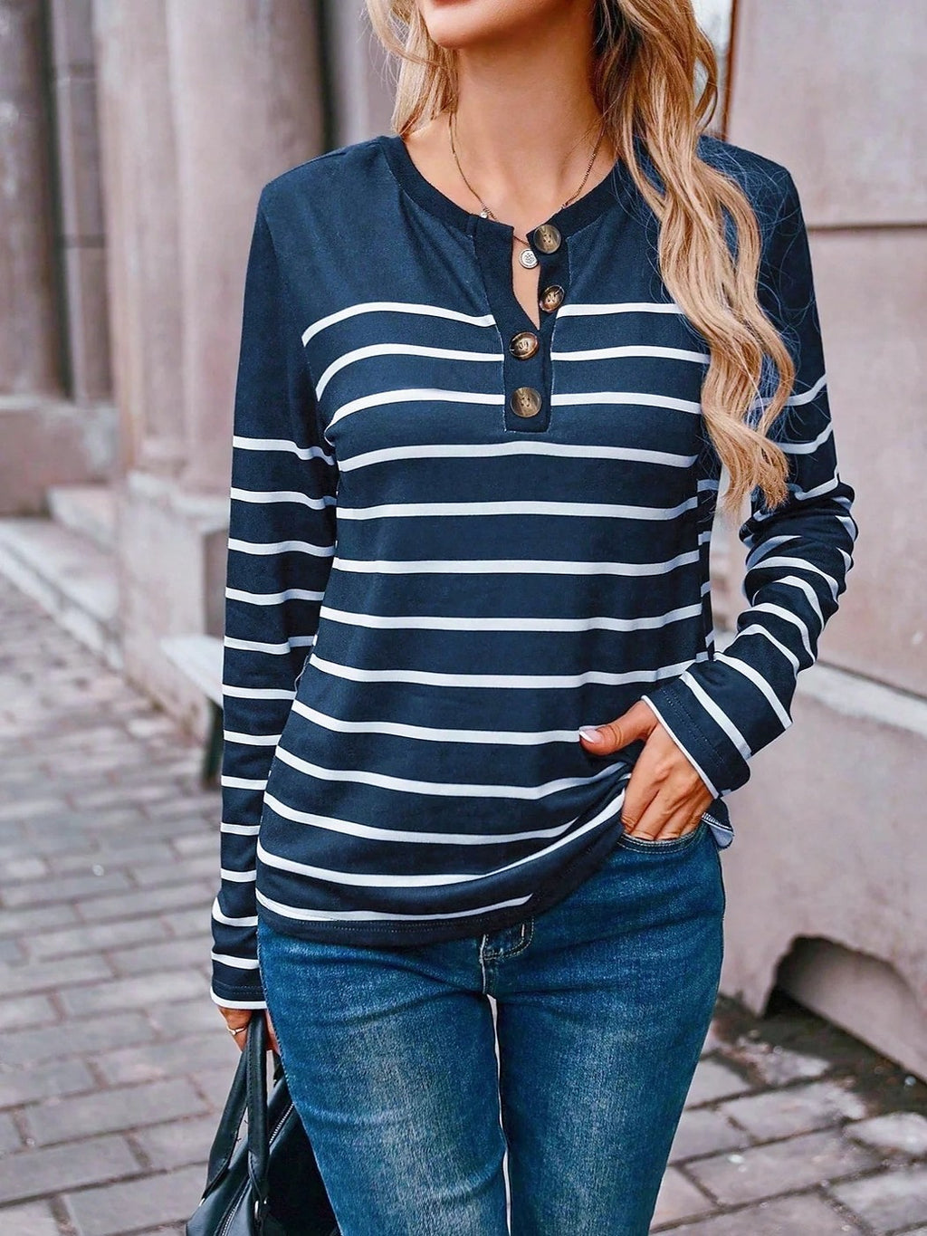 Women's Striped Henley Button Placket Cotton Top