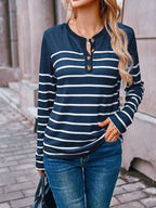 Women's Striped Henley Button Placket Cotton Top