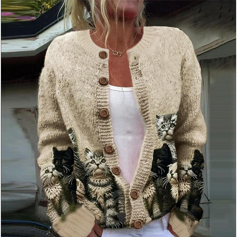 Women's Cat Motif Knitted Cardigan