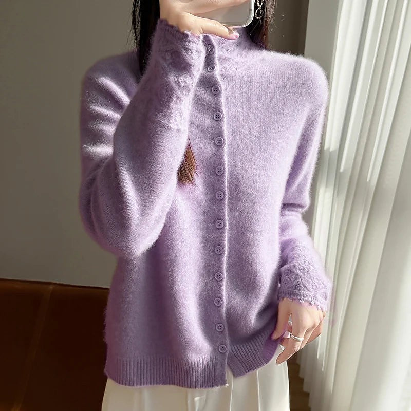 Women's Fluffy Knit High Neck Button Cardigan