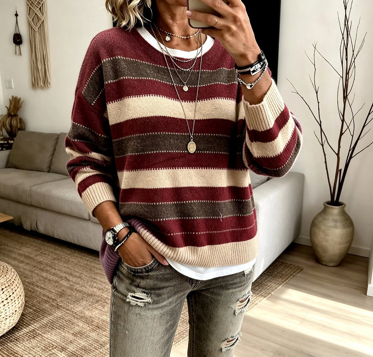 Women's Speckled Stripe Crew Neck Knitted Jumper