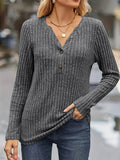 Women's Ribbed Button Front V Neck Top