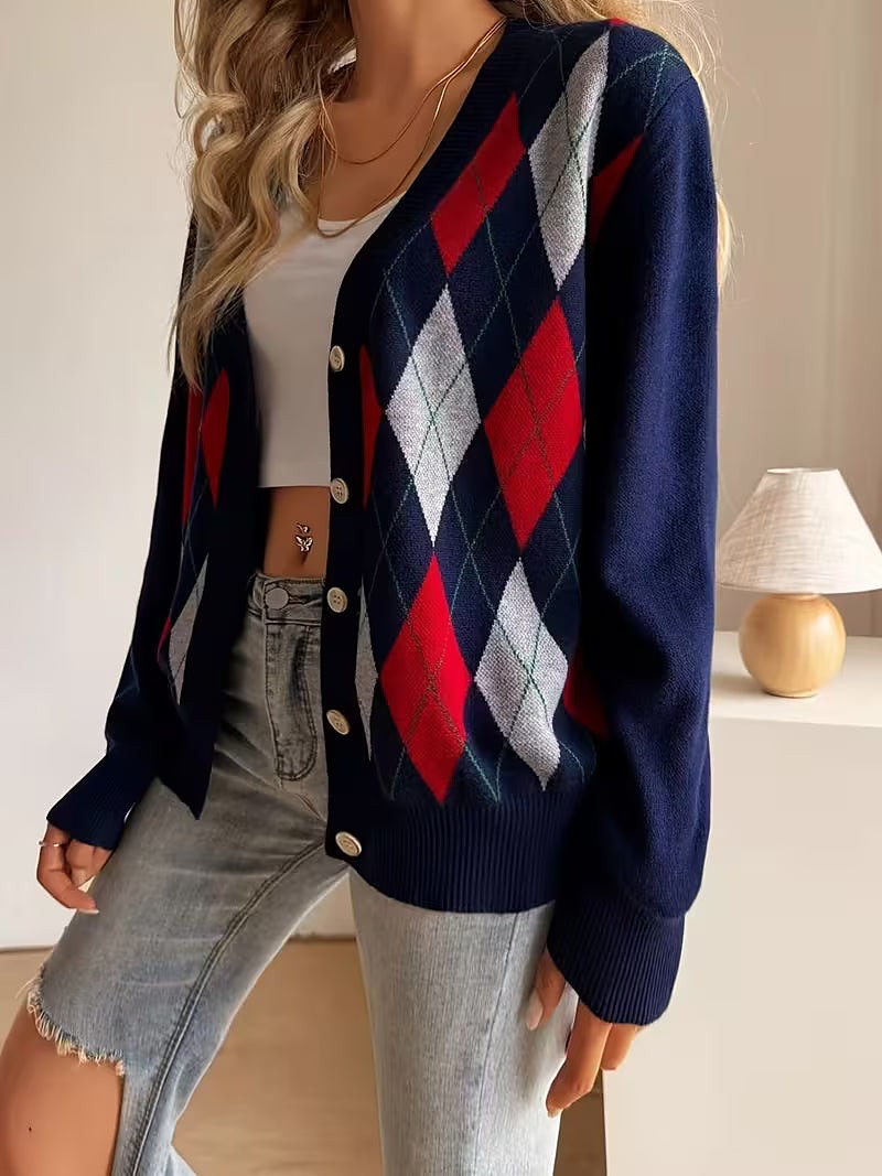 Women's Argyle Jacquard V Neck Cardigan