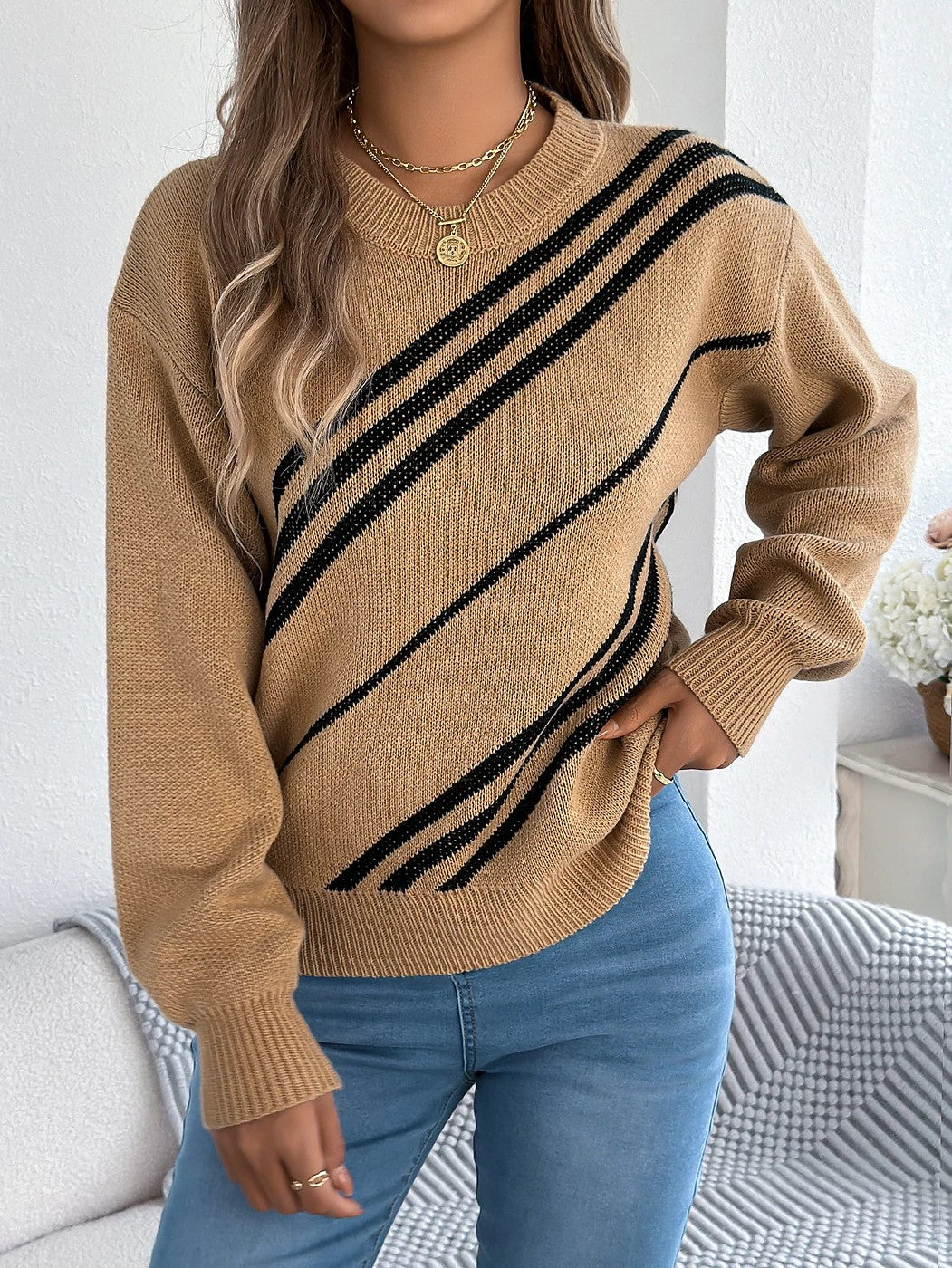 Women's Stripe Puff Sleeve Knitted Winter Jumper