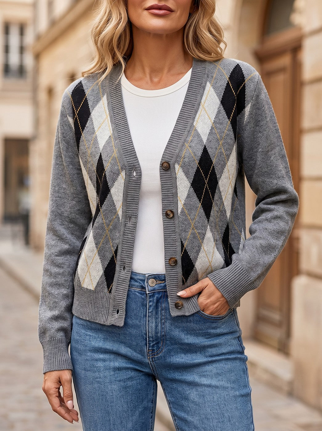 Women's Argyle Button Through Cardigan