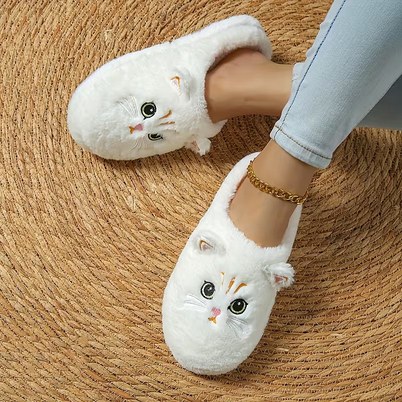 Women's Cat Embroidered Fluffy House Slippers