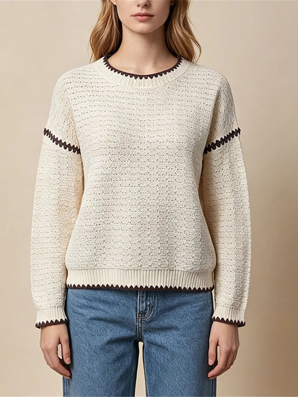 Women's Open Knit Jumper with Ribbed Trim
