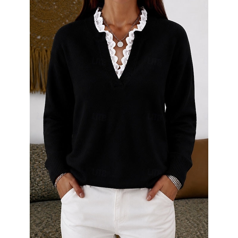 Women's Lace Trim Ribbed V Neck Jumper