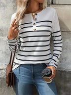 Women's Striped Henley Button Placket Cotton Top