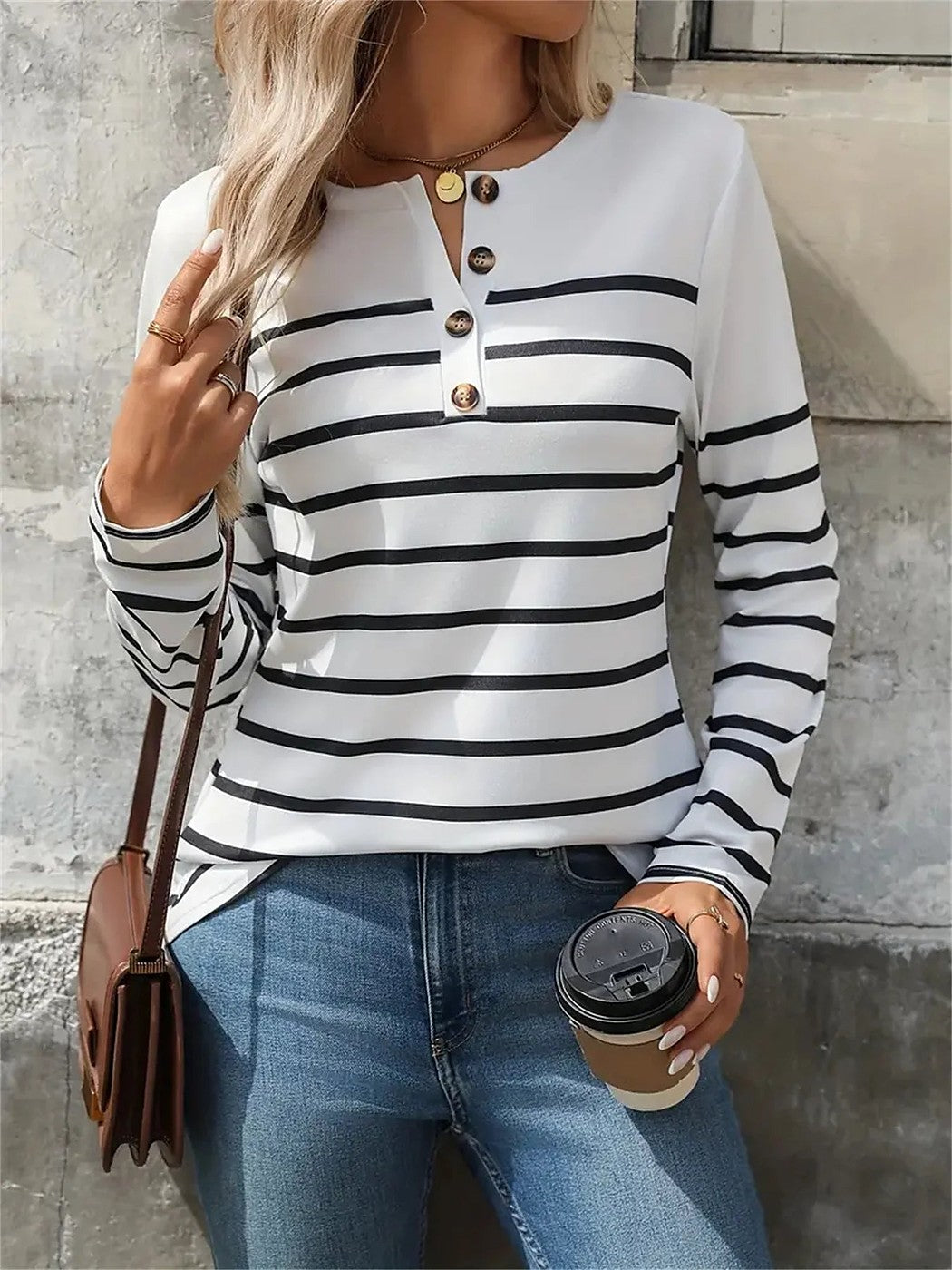 Women's Striped Henley Button Placket Cotton Top