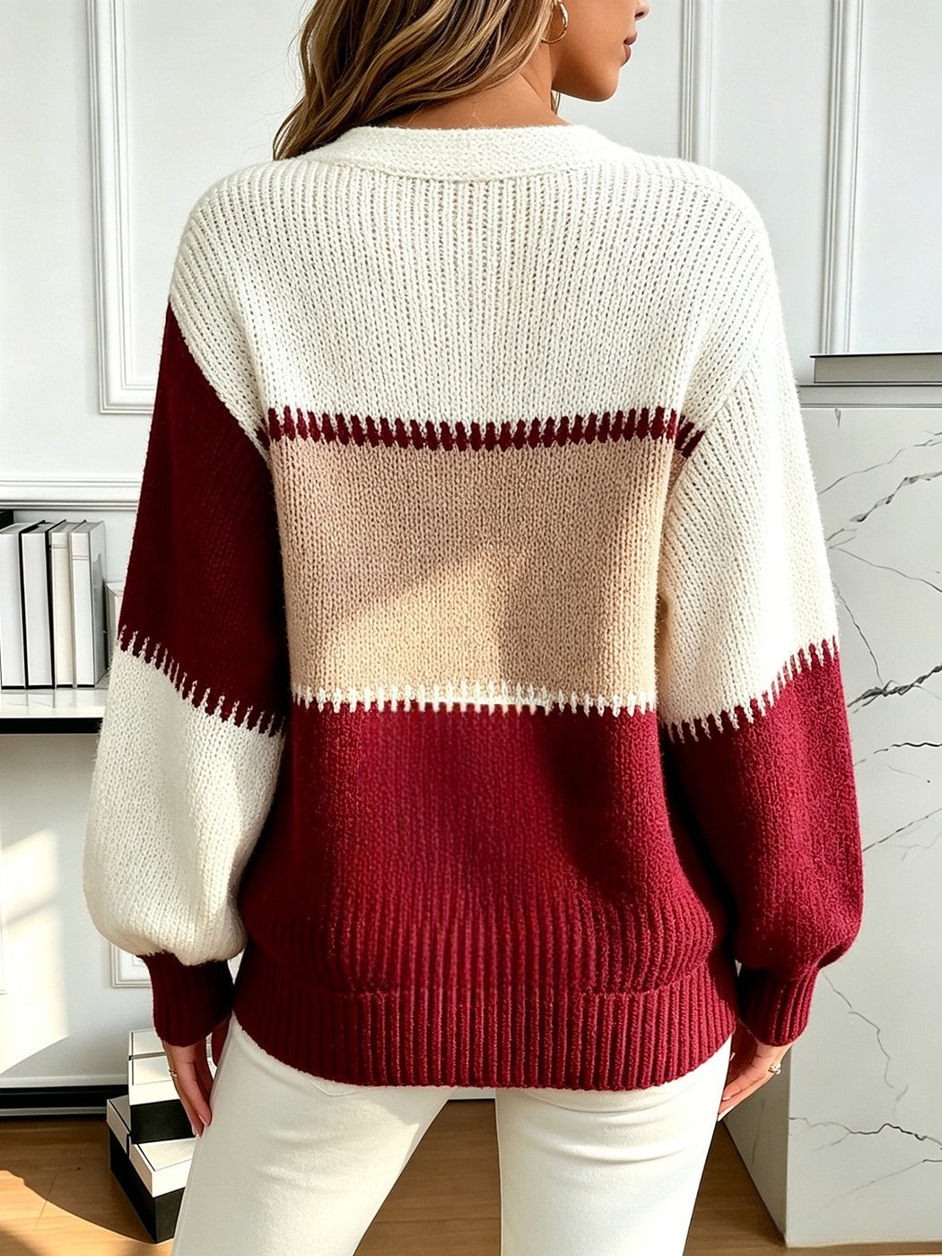 Women's Colour Block Puff Sleeve Winter Cardigan