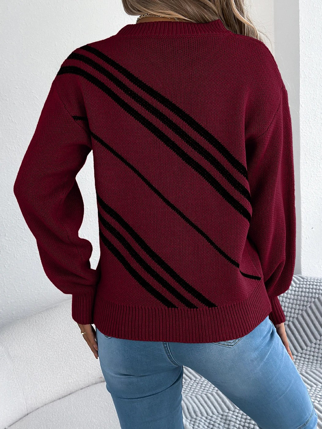 Women's Stripe Puff Sleeve Knitted Winter Jumper