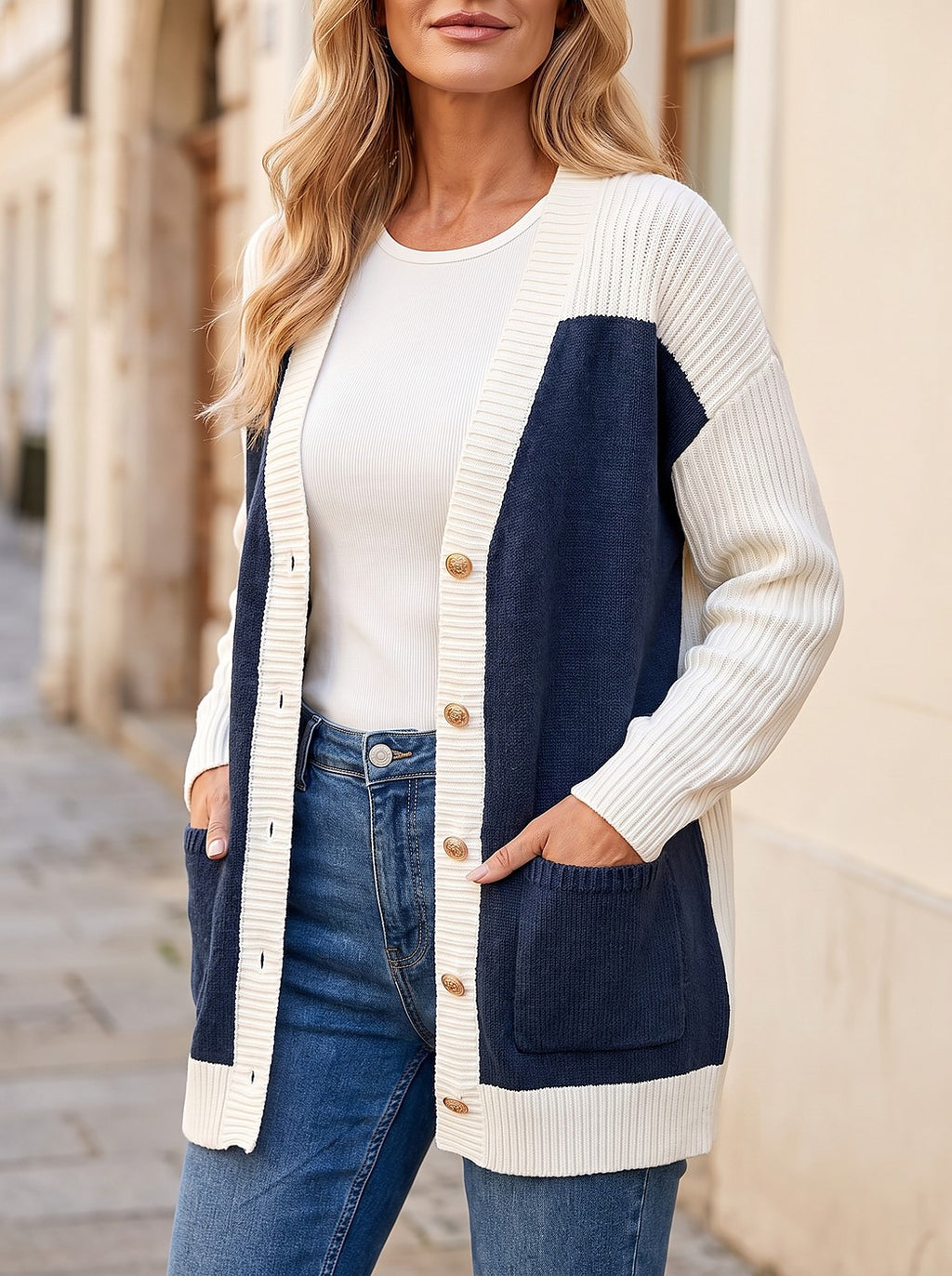 Women's Longline Colour Block Button Cardigan
