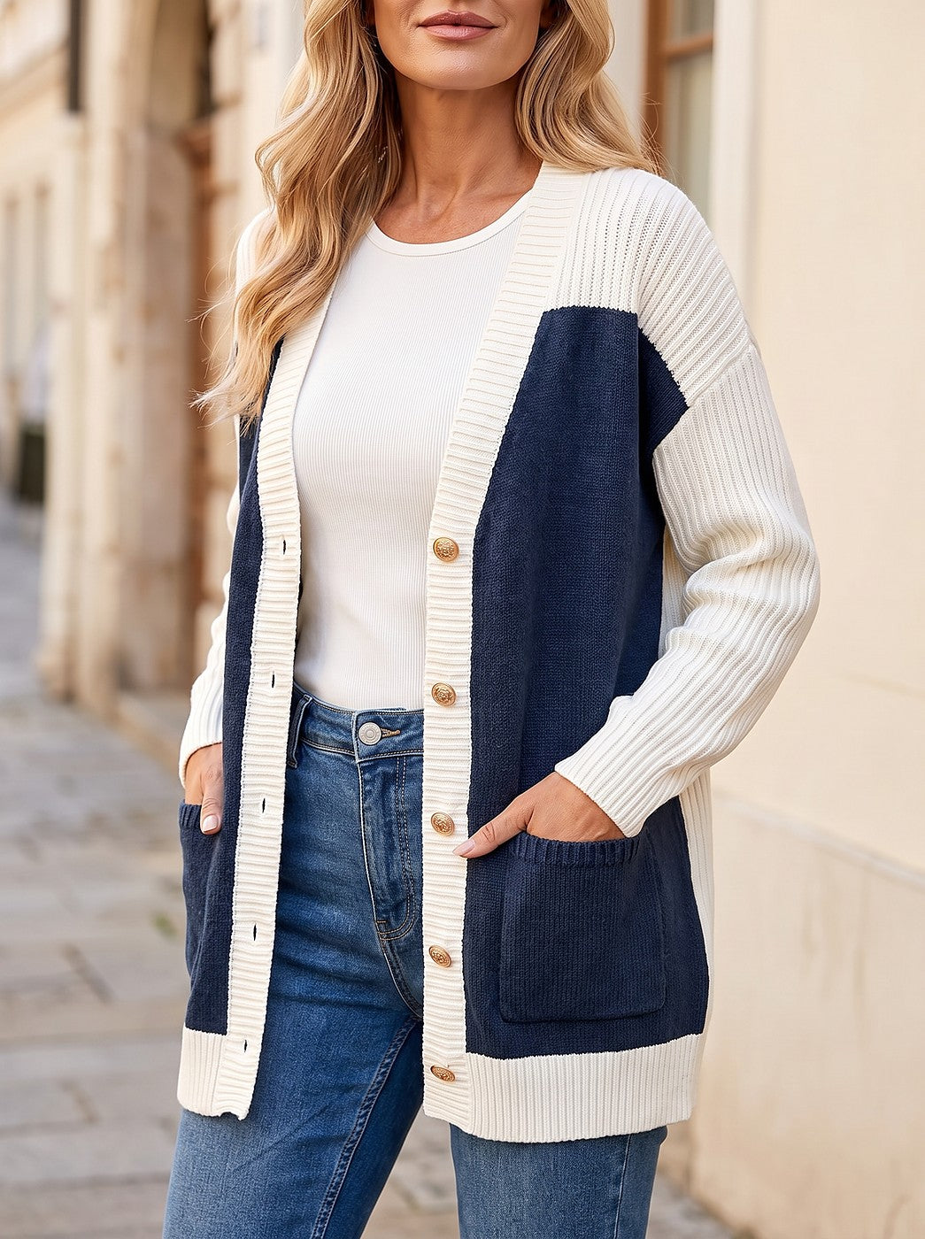 Women's Longline Colour Block Button Cardigan