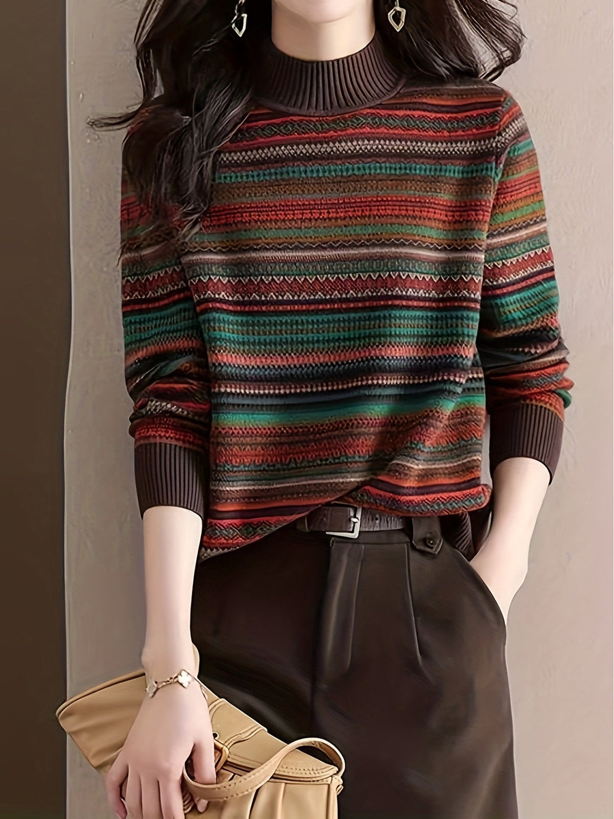 Women's Half Roll Neck Patterned Jumper