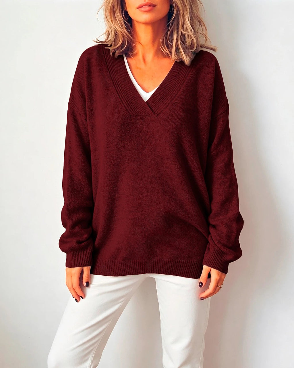Women's Oversized Plunge V Neck Knitted Jumper