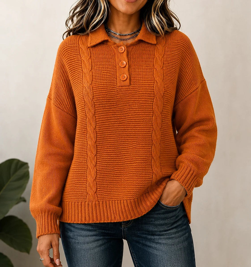 Women's Cable Polo Collar Button Placket Jumper