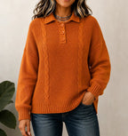Women's Cable Polo Collar Button Placket Jumper
