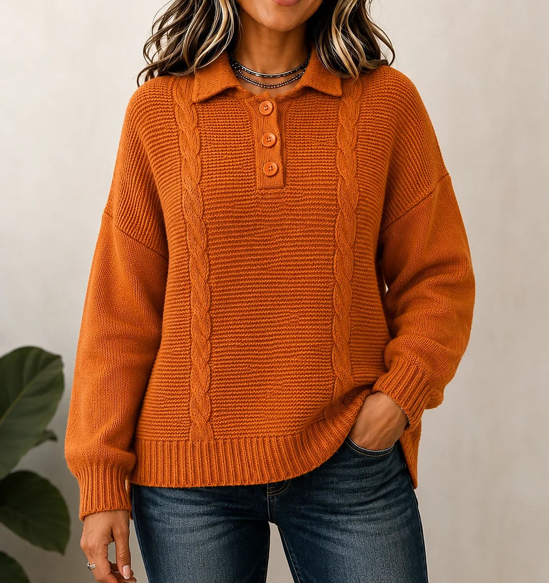 Women's Cable Polo Collar Button Placket Jumper