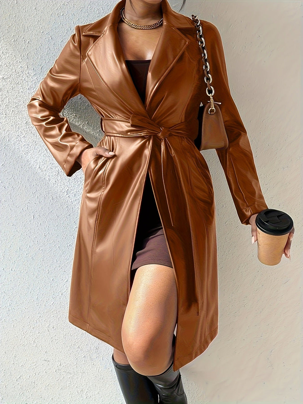 Women's Belted Longline Faux Leather Trench