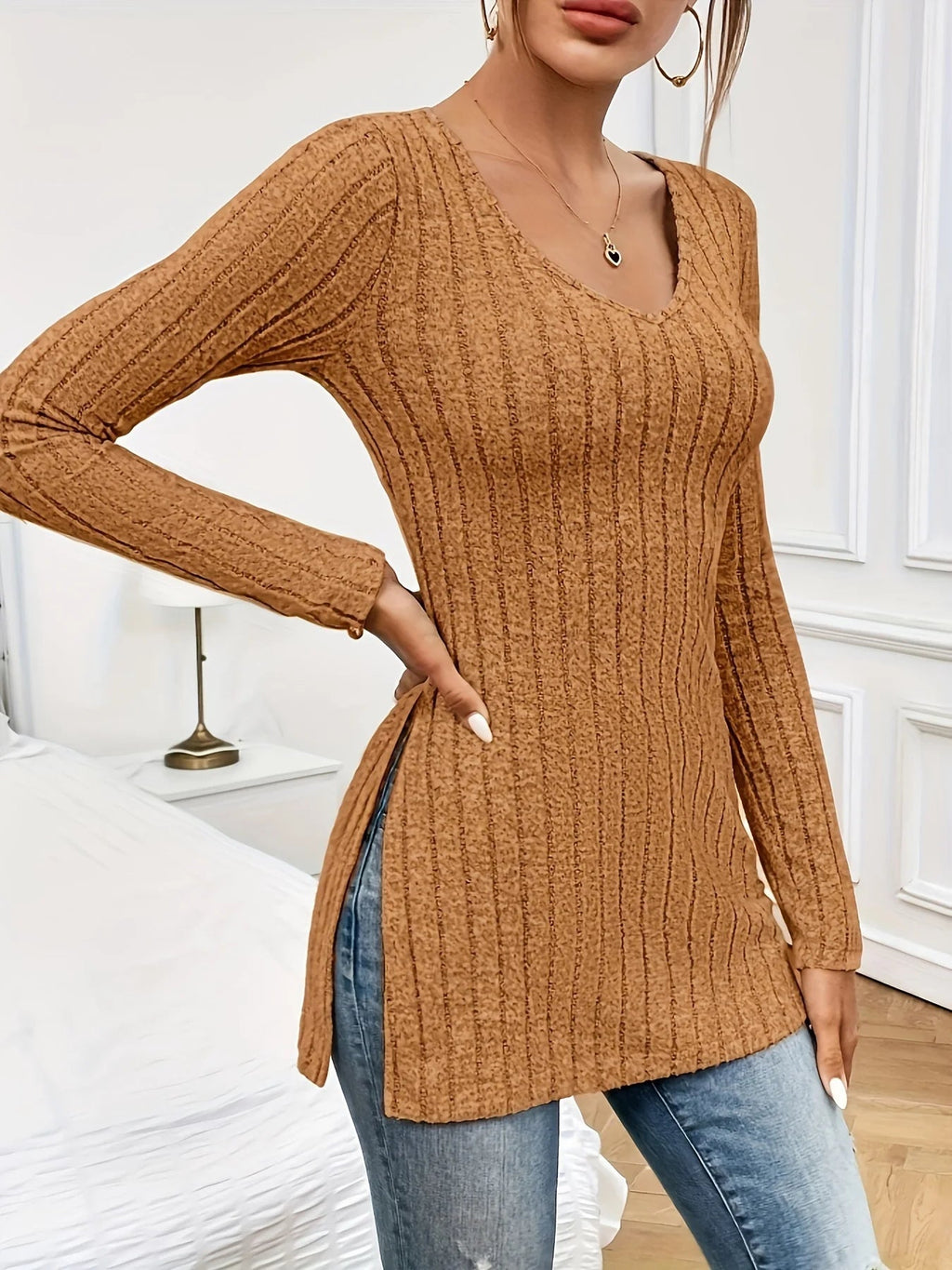 Women's Striped Ribbed V Neck Top