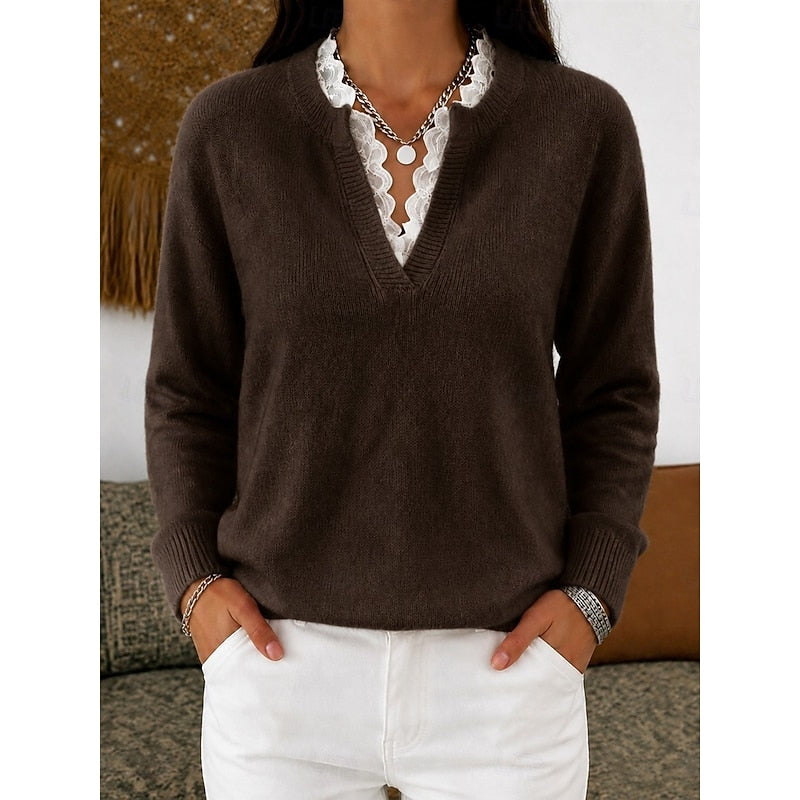 Women's Lace Trim Ribbed V Neck Jumper
