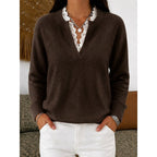 Women's Lace Trim Ribbed V Neck Jumper