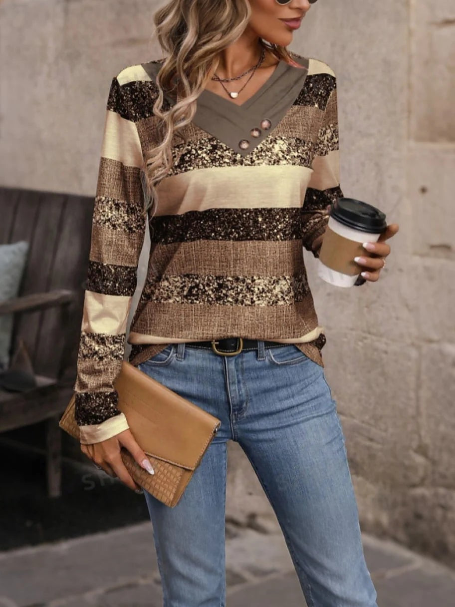 Women's Sequin Stripe Collared Long Sleeve Top
