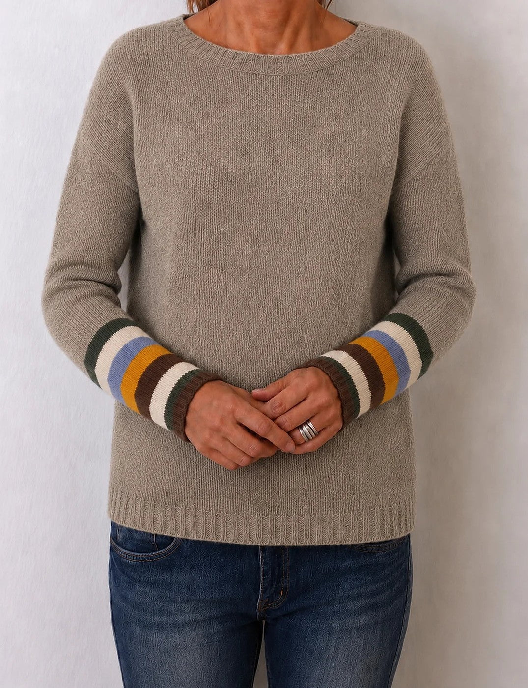 Women's Contrast Stripe Cuff Round Neck Jumper