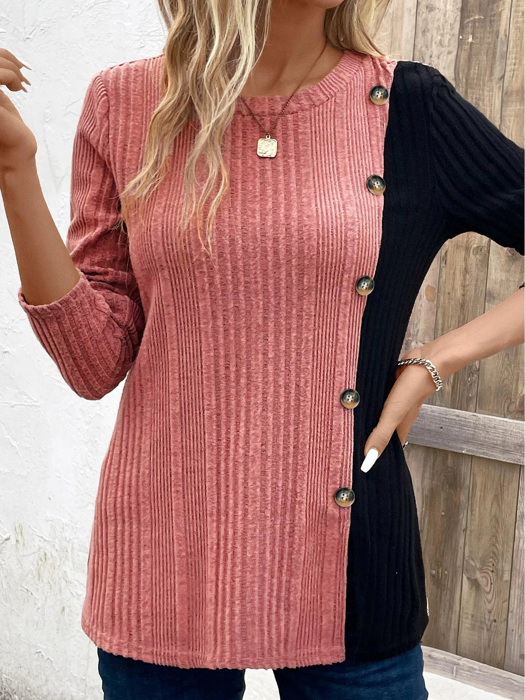 Women's Ribbed Colour Block Button Top