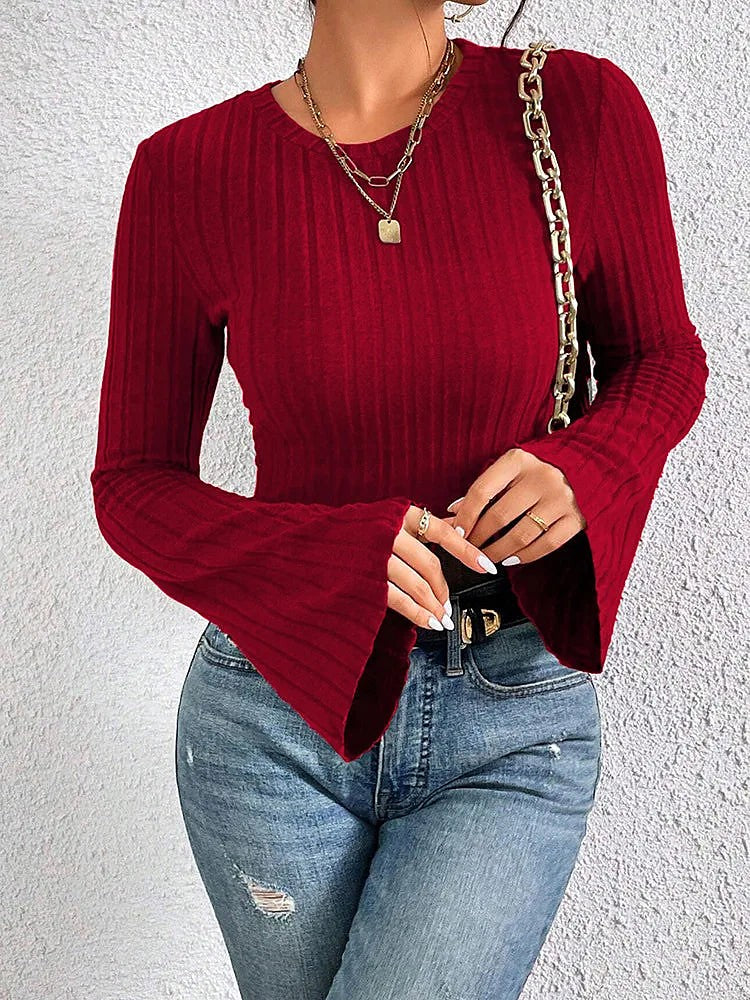 Women's Cropped Flare Sleeve Ribbed Top