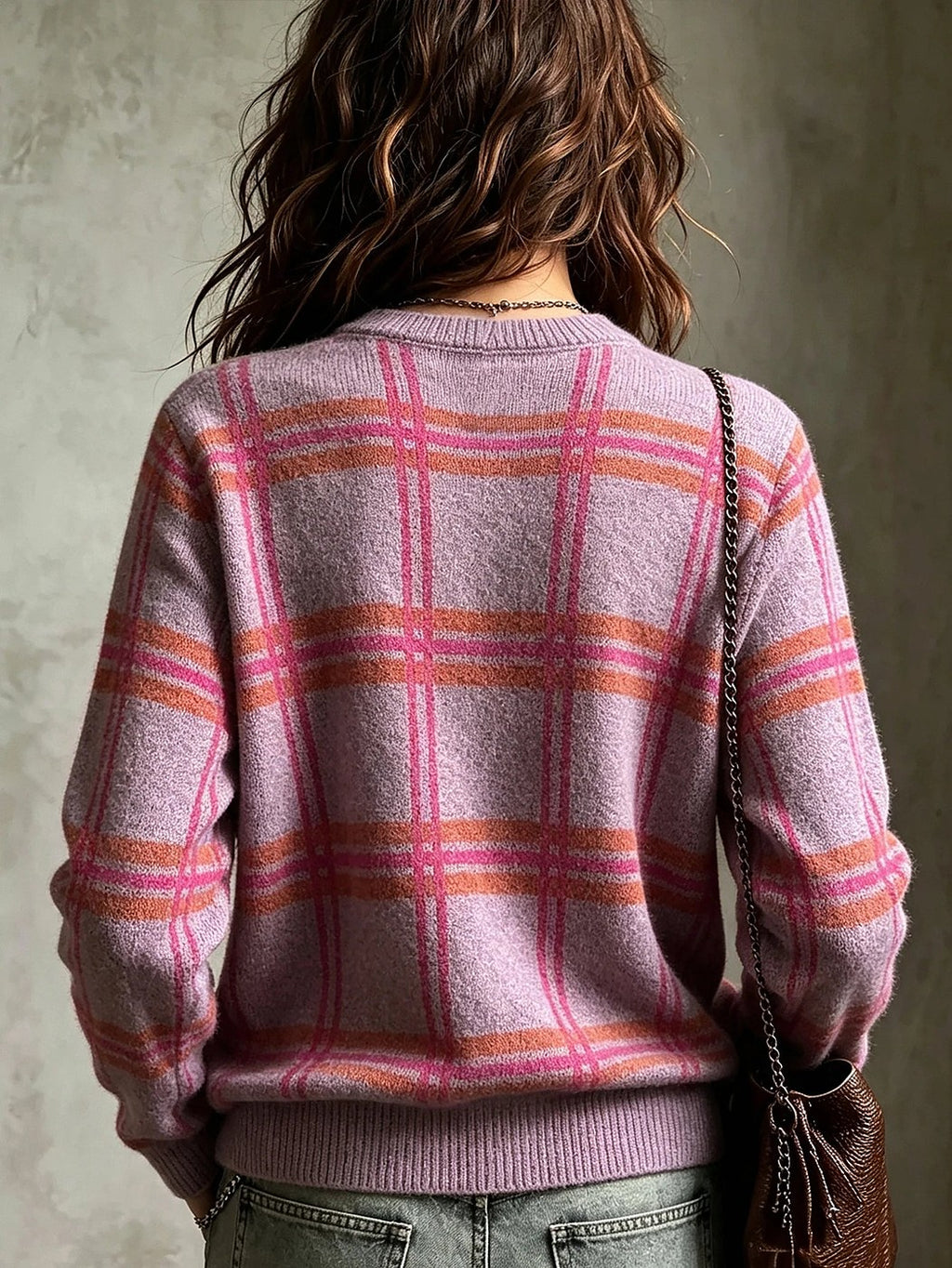 Women's Loose Fit Brushed Check Knit Jumper