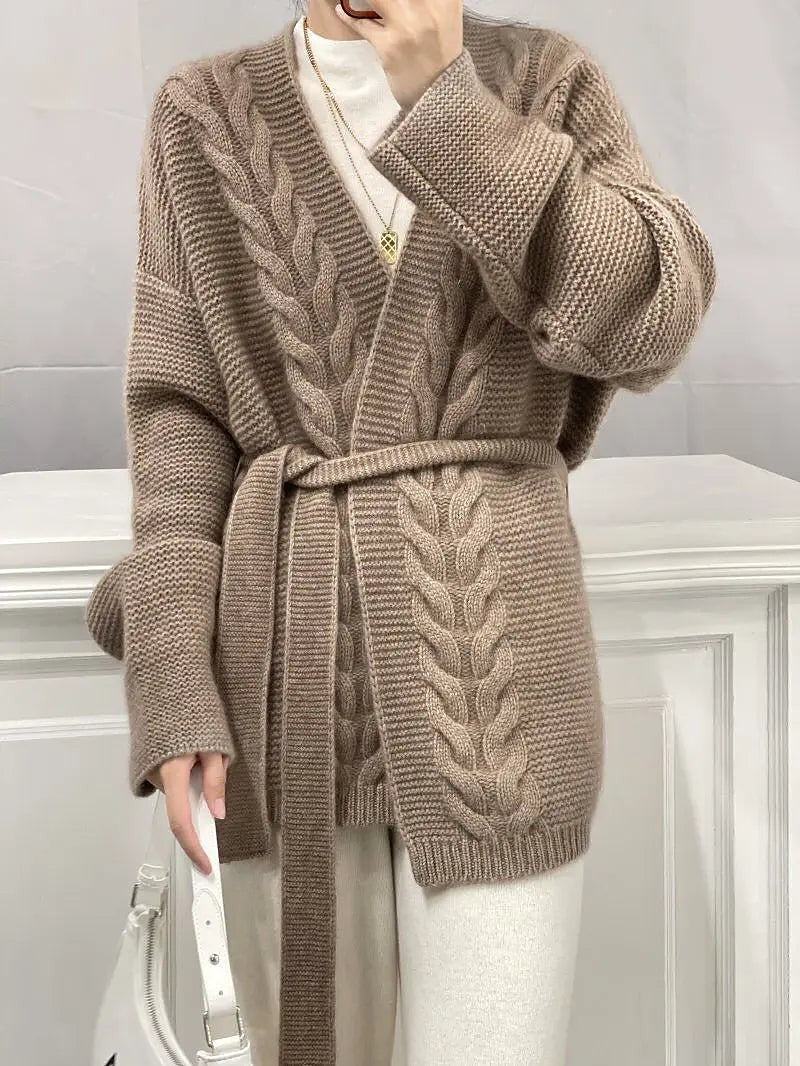 Women's Belted Wrap Front Cable Knit Cardigan