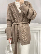 Women's Belted Wrap Front Cable Knit Cardigan