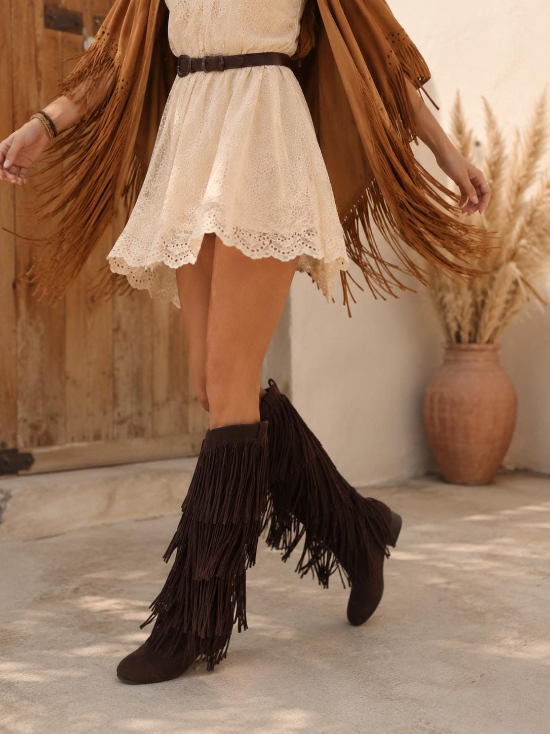 Women's Suede Fringe Knee High Boots